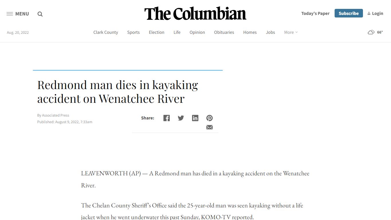 Redmond man dies in kayaking accident on Wenatchee River